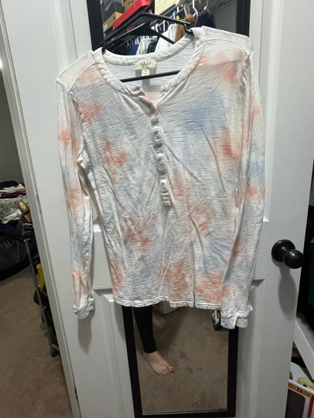 Style & Co. White Long-Sleeve Tie-Dye Henley with Peach and Light Blue Accents